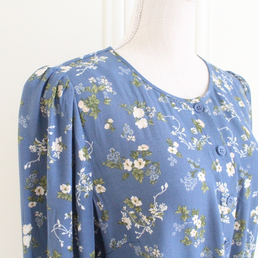 reformation • floral long sleeve blue lisse avery dress - Picture 9 of 13
